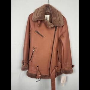 Avec les Filles Oversized Faux Fur Lined Belted Biker Jacket Flamingo Size S